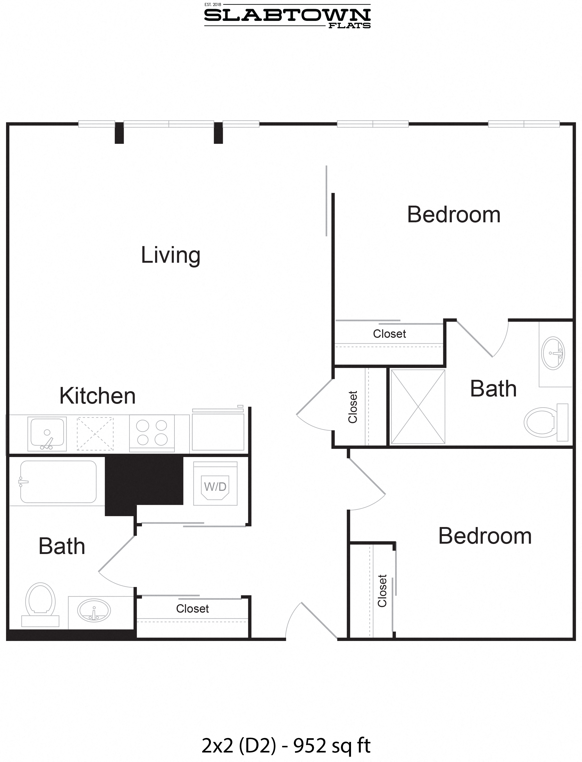 Floor plan for 2 beds, 2 baths, 952 sqft